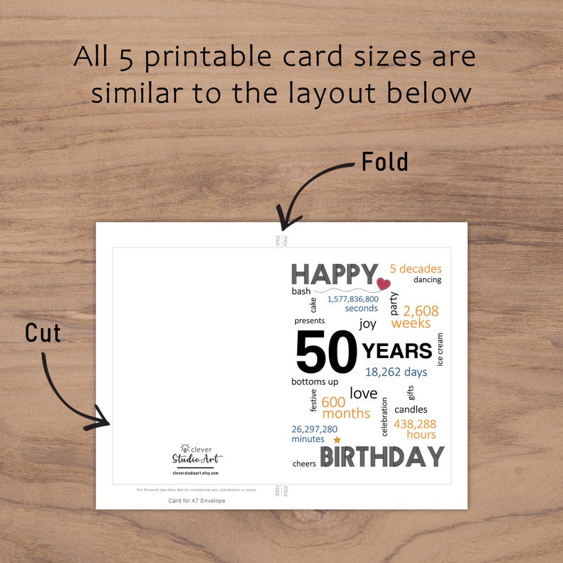 The 50th birthday card template provides clear guidelines for cutting and folding after printing. This consistent layout ensures ease of use across all five birthday card sizes.