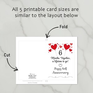 The 6 month anniversary card template offers clear guidelines for cutting and folding the card after printing. This consistent layout ensures ease of use across all 5 of the anniversary cards.