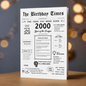 The 2000 birthday card is displayed against a backdrop of ambient lights, showcasing news, income, population, events, culture, fashion, slang, and inventions from that period.