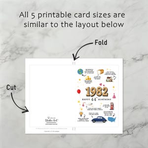 Each digital 1982 birthday card download comes with simple, step-by-step instructions for printing, trimming, and folding — ensuring a hassle-free experience with all 5 card sizes included.
