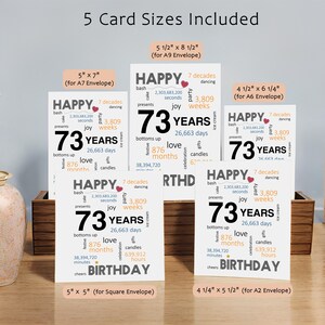Celebrate their 73rd birthday with our printable birthday card, available in five popular sizes. Instantly download and choose the perfect one to send to your loved one for a memorable birthday celebration.