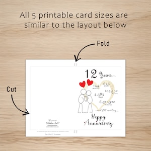 The 12 year anniversary card template offers clear guidelines for cutting and folding the card after printing. This consistent layout ensures ease of use across all 5 of the anniversary cards.