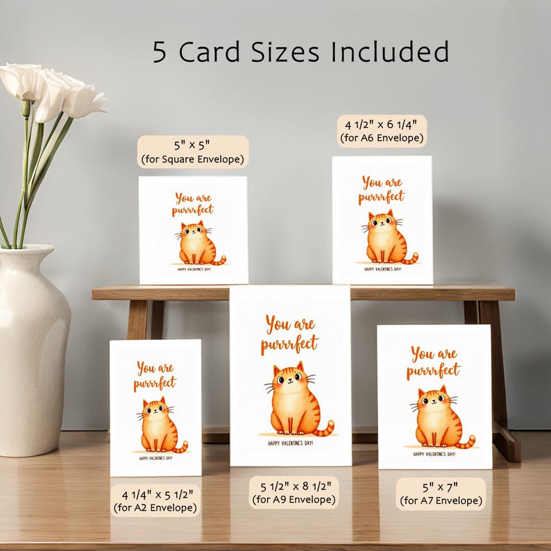 Adorable Valentine card available in multiple sizes showing a sweet orange cat illustration with the text You are purrrfect.