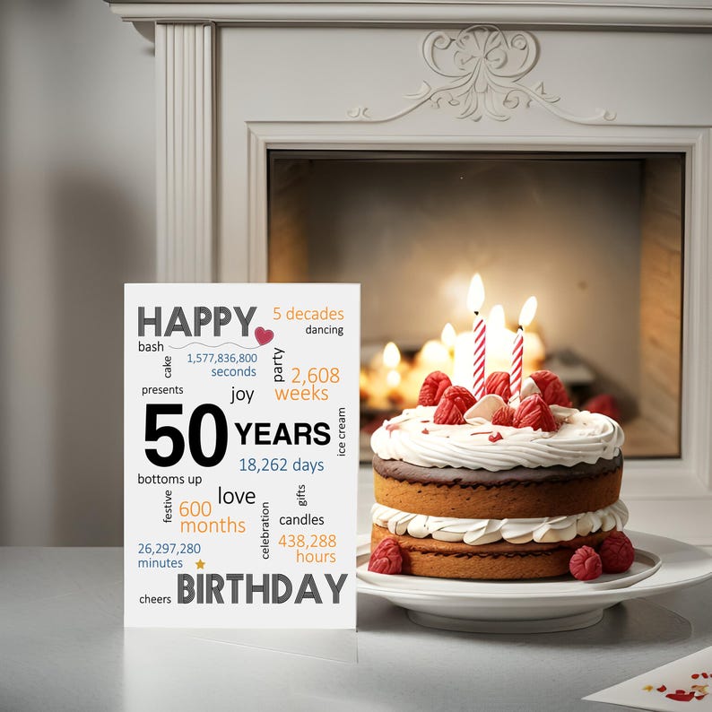 Celebrate a 50th birthday with an enchanting card alongside a beautifully decorated birthday cake. This card features joyful wishes like bash, "joy," gifts, dancing, and a special mention of the exact years, months, days, and hours.