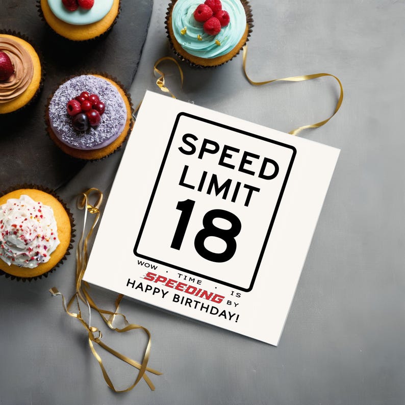Celebrate their 18th birthday with our Speed Limit Birthday Card, beautifully showcased alongside some cupcakes. This delightful pairing adds a memorable touch to their special day, marking the beginning of an exciting new chapter in their life.