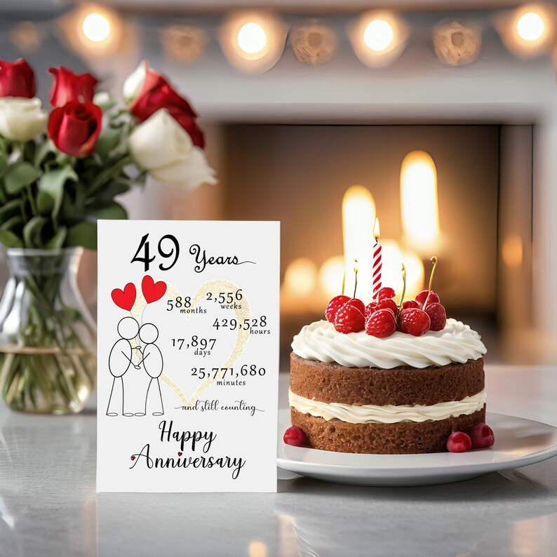 Mark your 49 year anniversary with an enchanting card showcasing a golden heart and intertwined heart balloons, held by stick figures, elegantly accompanied by an anniversary cake, adding a touch of timeless charm to your celebration.