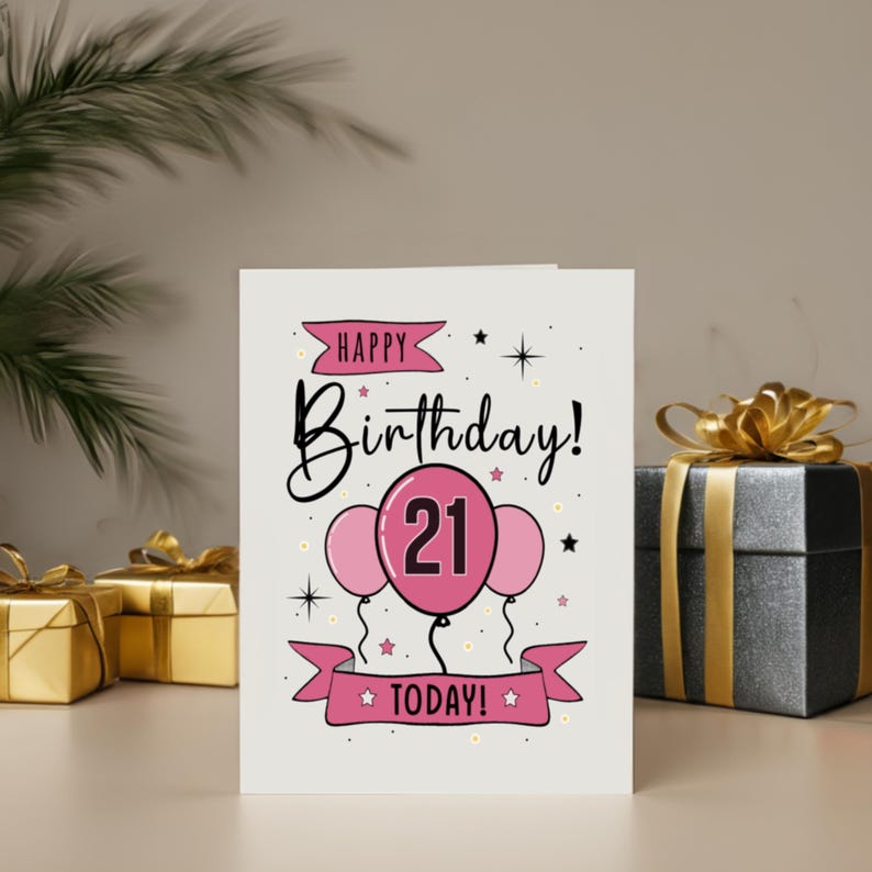 Honor their 21st birthday with our lovely Happy 21st Birthday Card, showcased next to birthday presents. This charming card adds a special touch, enhancing their celebration and making their milestone birthday even more memorable.