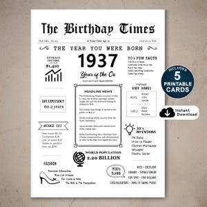 88e verjaardagskaart, geboren in 1937, afdrukbare verjaardagskaart, 88e verjaardagscadeau voor moeder, vader, oma of opa, direct download