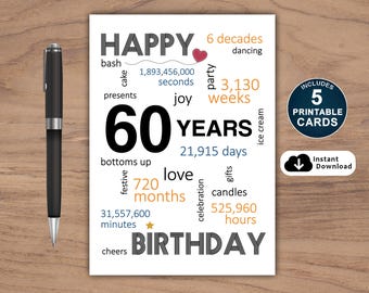 60th Birthday Card: Milestone Celebration (PDF, 5 Sizes)