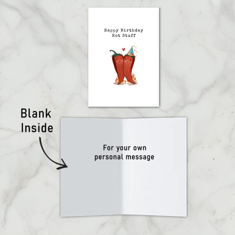 Spice up their day with this adorable birthday card featuring two chili peppers in love! Perfect for the hot stuff in your life, it’s a fun, heartfelt way to show your love. Blank inside for your own personal message!
