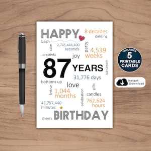 87. Geburtstagskarte, Karte für 87. Geburtstag, Printable 87. Geburtstagskarte, Sofort Download