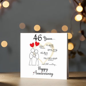Mark your 46 year anniversary with a delightful card showcasing a gold heart and intertwined heart balloons held by stick figures. This charming 5" x 5" card is beautifully presented in the accompanying screenshot.