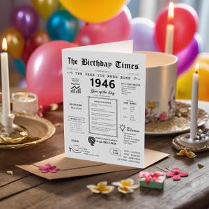 The 1946 birthday card is embellished with vibrant balloons in the background, while showcasing news, fashion, slang, fun facts, and inventions from the 1946 era.
