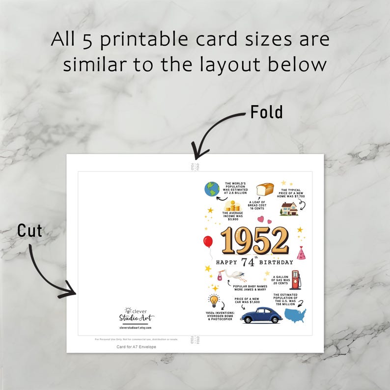 Each printable 1952 birthday card download includes easy to follow instructions for printing, trimming, and folding, ensuring a smooth experience with all 5 birthday card versions.
