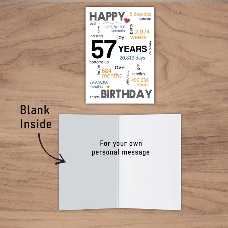 Celebrate their 57th birthday with our printable card, available in five popular sizes. Instantly download and choose the perfect one to send to your loved one for a joyous birthday celebration.