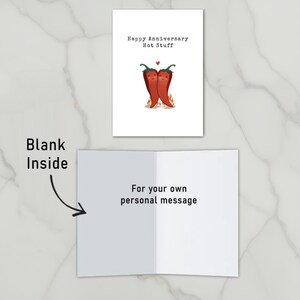 This charming card features two hot peppers hugging with a flame underneath to symbolize their fiery love. The message, Happy Anniversary Hot Stuff, adds a romantic vibe. The inside has been left blank to pen your special message.