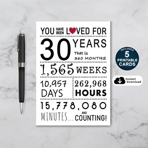 Carte de 30e anniversaire, carte d'anniversaire imprimable, vous avez été aimé depuis 30 ans, carte de 30e anniversaire pour fille ou fils