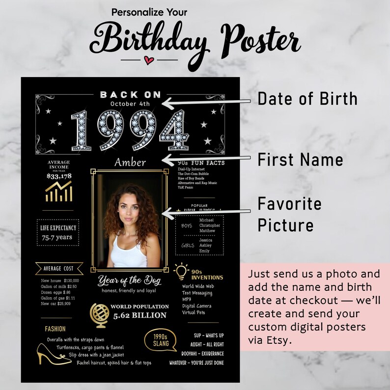 Available in 5 sizes and ready for instant download, our custom 1994 birthday printable is perfect for any celebration or space. Whether you’re decorating for a birthday party, adding a nostalgic touch to your home, or creating a memorable keepsake, you can personalize it with a name, birth date, and photo to make it truly unique.
