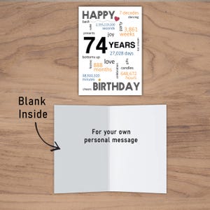 The inside of the 74th birthday printable card is intentionally blank, allowing you to pen a heartfelt message, adding a personal touch to their special birthday.