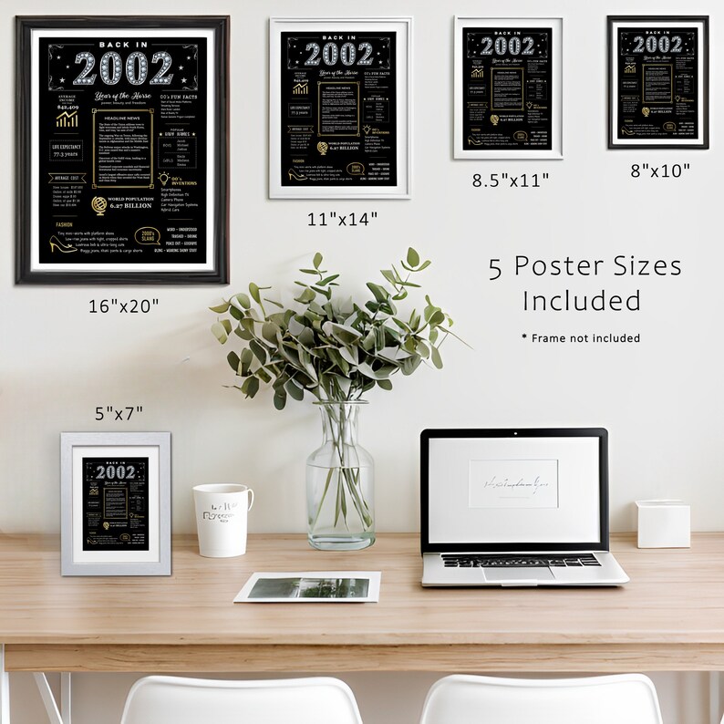 Our 2002 birthday printable comes in five poster sizes. Download instantly and select the perfect fit for your birthday party, wall decor, or to add a nostalgic touch to your preferred frame. Perfect for birthdays!