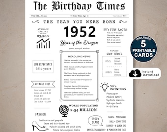 74th Birthday Card: Born in 1952 Facts (Printable Digital Download)