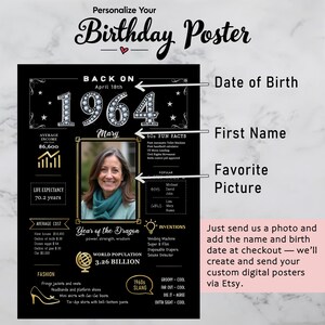 Available in 5 sizes for instant download, our 1964 birthday poster adds retro charm to any celebration or space. Personalize with a name, birth date, and photo for a unique keepsake.