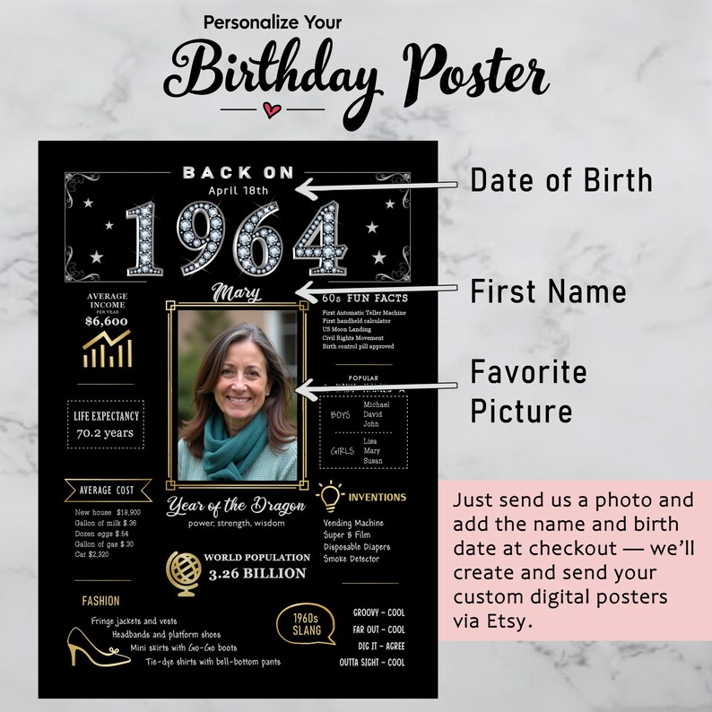 Available in 5 sizes for instant download, our 1964 birthday poster adds retro charm to any celebration or space. Personalize with a name, birth date, and photo for a unique keepsake.