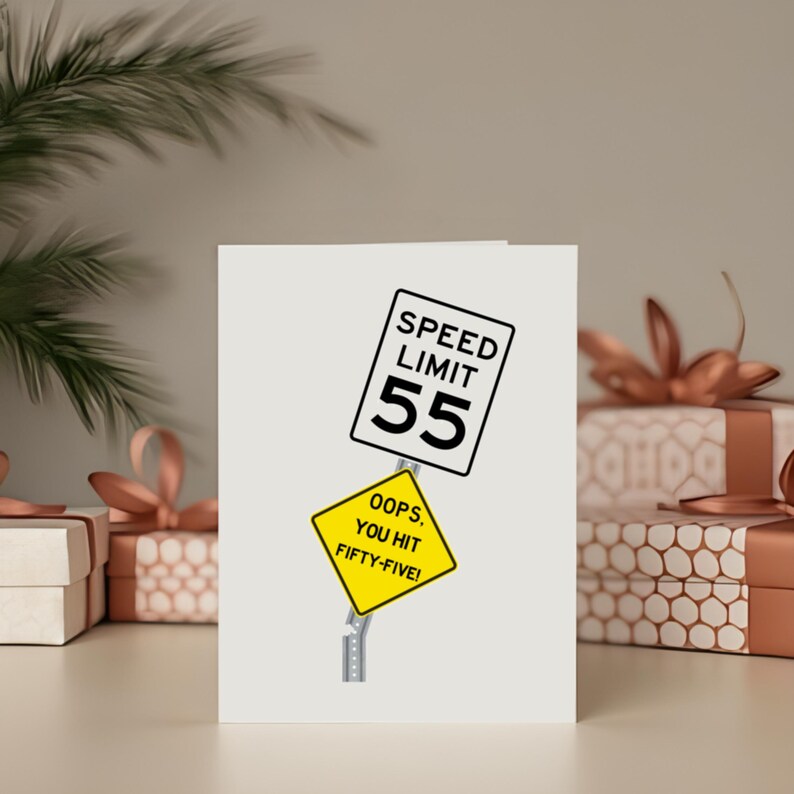 Celebrate their 55th birthday with a quirky 'Oops You Hit 55' Birthday Card, showcased next to birthday presents. This charming card adds a special touch, enhancing their celebration and making their milestone birthday even more memorable.
