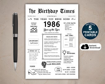 1986 Year You Were Born PRINTABLE Birthday Card, 1986 Birthday Card, 38th Birthday, Instant Download