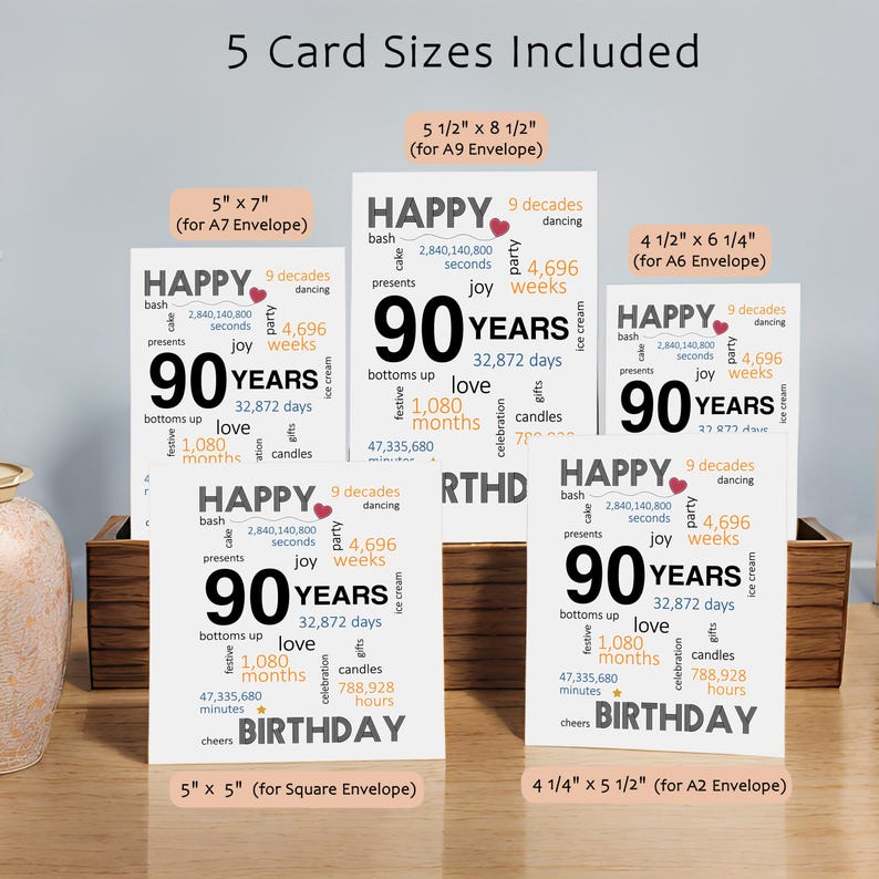 Celebrate their 90th birthday with our printable birthday card, available in five popular sizes. Instantly download and choose the perfect one to send to your loved one for a memorable birthday celebration.