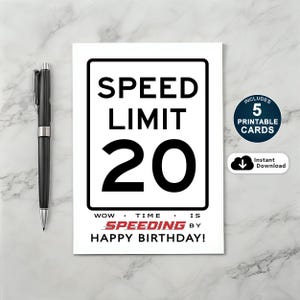 20e verjaardagskaart, verjaardagskaart snelheidslimiet, grappige 20e verjaardagskaart, afdrukbare verjaardagskaart