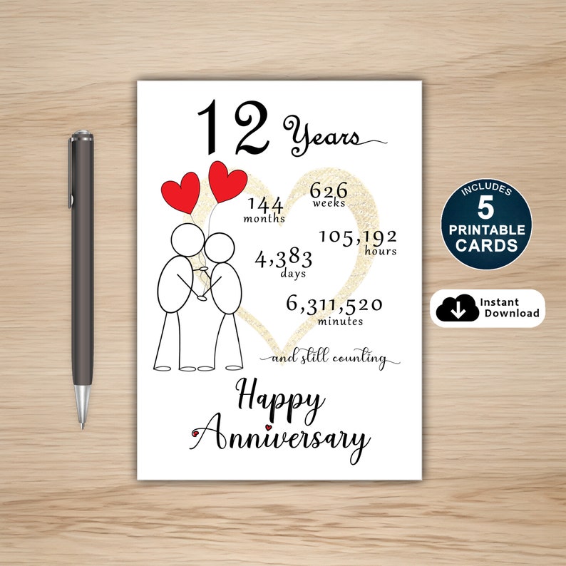 Celebrate your 12 years with our anniversary card, available in the five most popular sizes. Download instantly and choose the perfect card to send to your loved one for a joyous anniversary celebration.