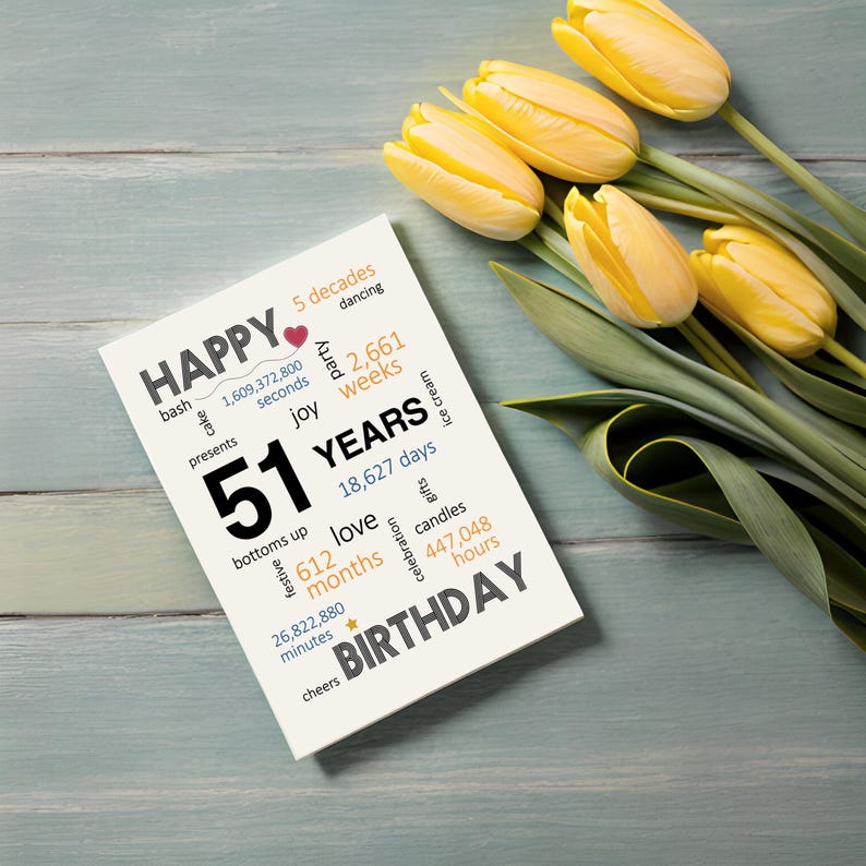 Celebrate a 51st birthday with an enchanting card next to a beautiful bouquet of flowers. It features joyful wishes like bash, cake, gifts, dancing, and a special mention of the exact years, months, days, and hours you've been alive.