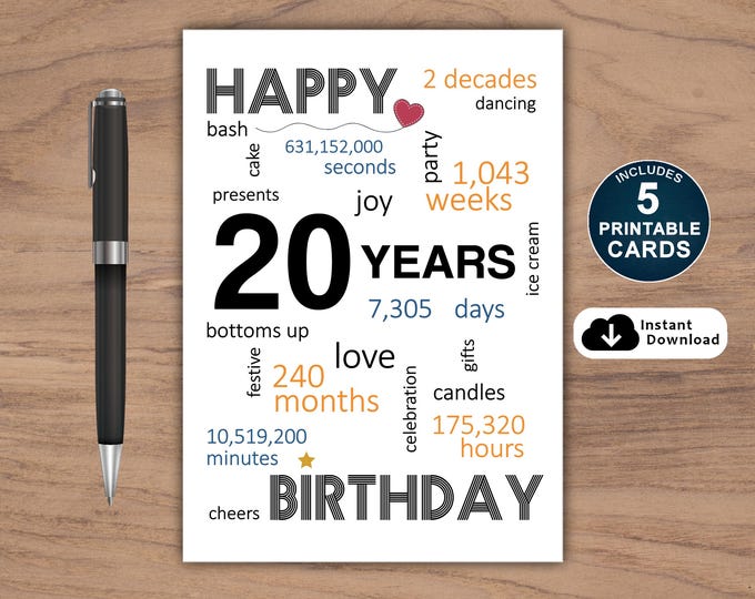 PRINTABLE 20th Birthday Card, Birthday Card Printable, Instant Download ...