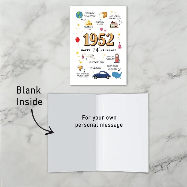 The inside of the 1952 birthday card printable is thoughtfully left blank, giving you ample room to add your own heartfelt message and personal touch.