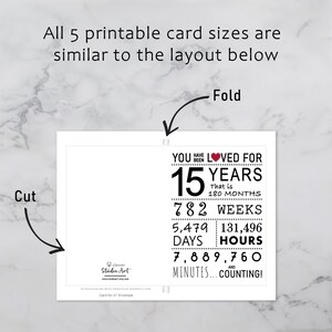 The 15th birthday card template provides clear guidelines for cutting and folding after printing. This consistent layout ensures ease of use across all five sizes.