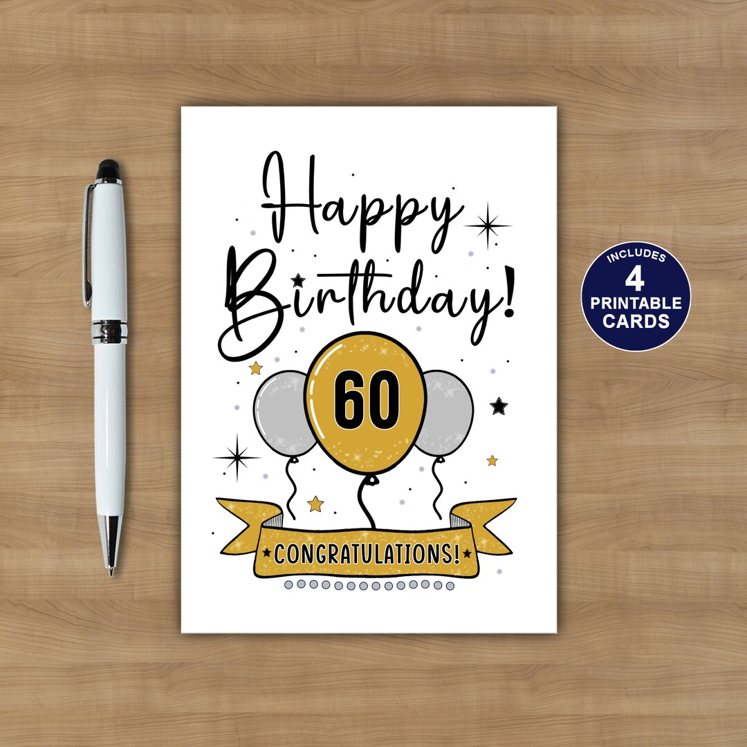 Printable 60th Birthday Card Happy 60th Birthday Card - Etsy