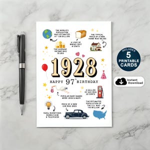 Tarjeta de 97.º cumpleaños, nacida en 1928 (imprimible), regalo de 97.º cumpleaños para papá, mamá, abuelo o abuela, tarjeta con datos curiosos de 1928, descarga instantánea