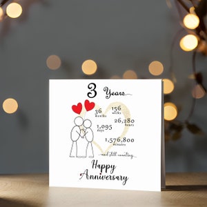 Celebrate your 3 year anniversary with an enchanting card. It features a gold heart and intertwined heart balloons held by stick figures. This screen shot shows presents the 5" x 5" card.