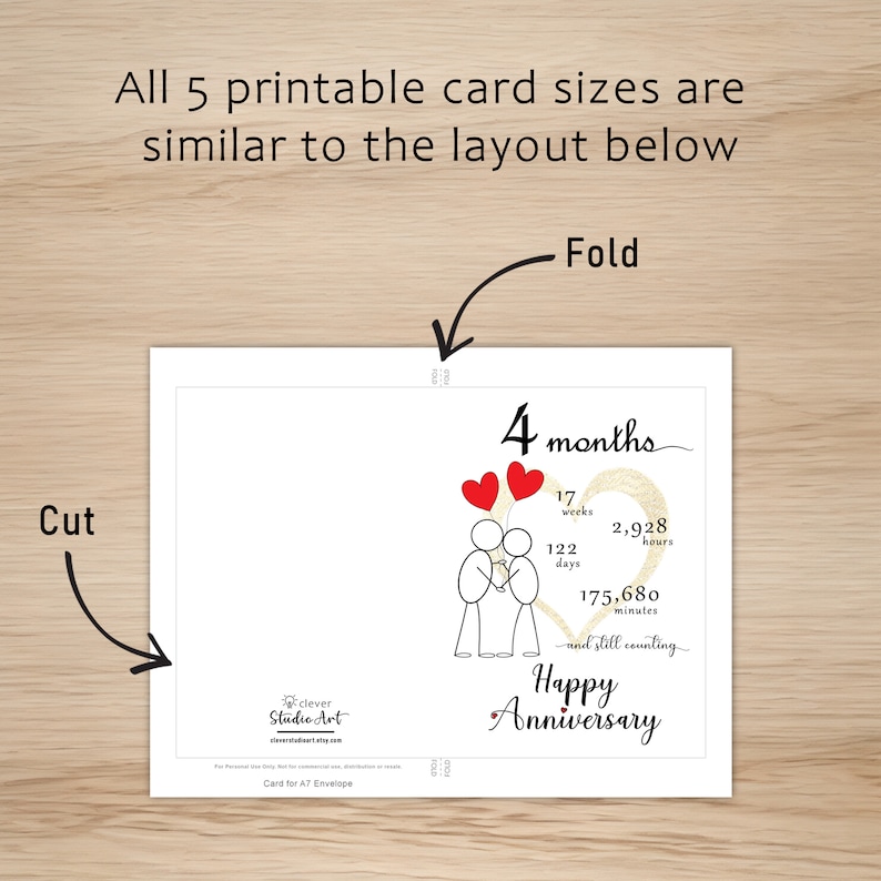 The 4 month anniversary card template offers clear guidelines for cutting and folding the card after printing. This consistent layout ensures ease of use across all 5 of the anniversary cards.
