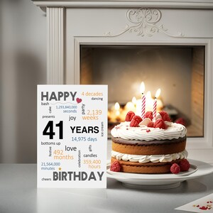 Celebrate a 41st birthday with an enchanting card next to a beautifully decorated birthday cake. It features joyful wishes like bash, joy, gifts, dancing, and a special mention of the exact years, months, days, and hours.