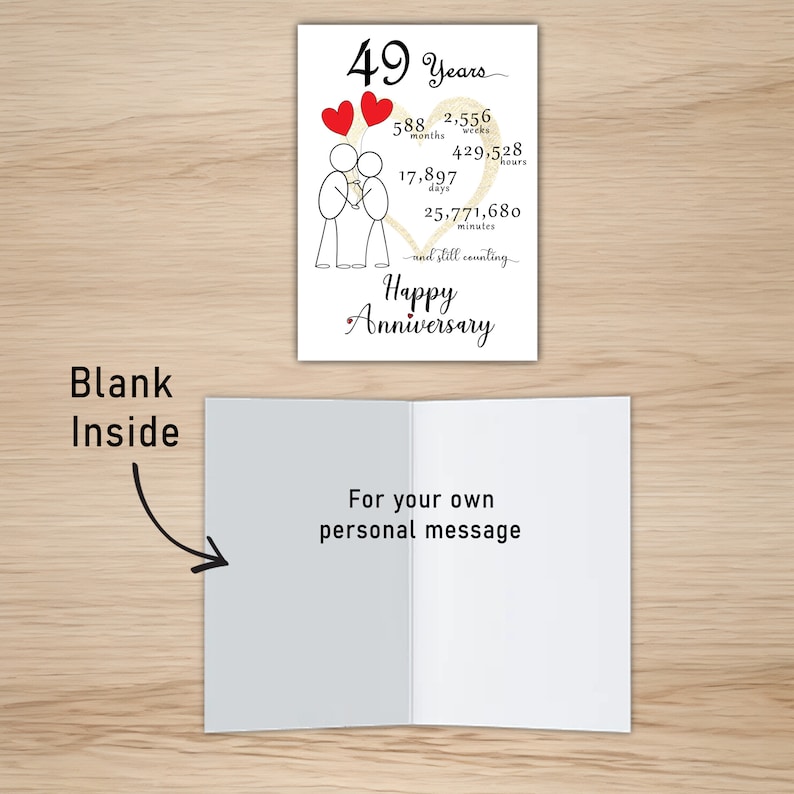 Our anniversary card, commemorating 49 years, boasts a blank interior, empowering you to craft a heartfelt message and infuse your celebration with a personal touch.
