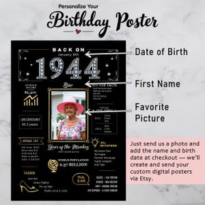 Available in 5 sizes for instant download, this 1944 birthday poster brings retro charm to any celebration or space, personalized with their name, birth date, and photo for a truly unique keepsake.