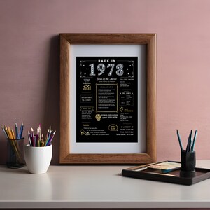 Our 1978 birthday printable poster, sized 5x7, is perfect for framing and displaying on your work or home desk, adding a vintage birthday charm from 1978.