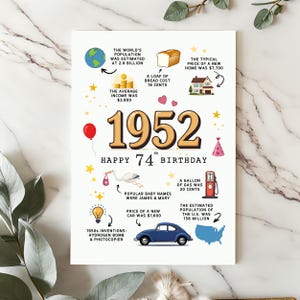 Styled on a white granite countertop with soft fern accents, this 1952 birthday card highlights fun historical facts and prominently features the bold year "1952" at its center.