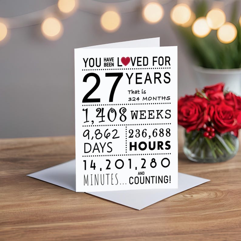 Celebrate their 27th birthday with an enchanting card on a table, set against red roses. The card features 'You have been loved' at the top, along with a special mention of their exact years, months, days, and hours of life.