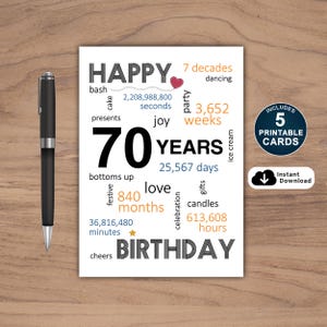 Carte 70e anniversaire, carte pour 70e anniversaire, carte 70e anniversaire imprimable, téléchargement immédiat