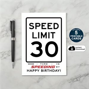 30e verjaardagskaart, verjaardagskaart maximumsnelheid, grappige 30e verjaardagskaart, afdrukbare verjaardagskaart
