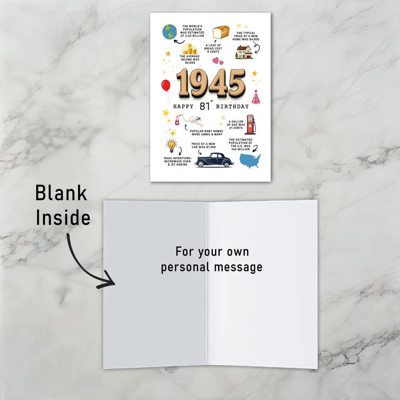 The inside of the 1945 printable birthday card is intentionally left blank, giving you space to write your heartfelt message, adding a personal touch to your 1945 birthday wishes.