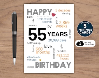 55th Birthday Card, Card For 55th Birthday, Printable 55th Birthday Card, Instant Download